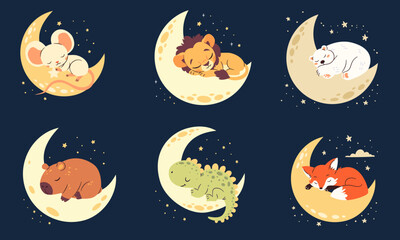 A set of cute illustrations in a childish style. Cute newborn animals sleeping on the moon, night and stars. Lion capybara fox polar bear dinosaur mouse. Vector illustration