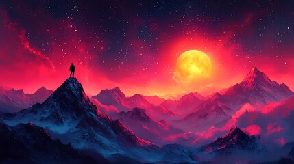 A vibrant sunset over mountains with a silhouetted figure, evoking adventure and tranquility.