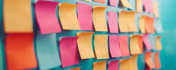 A vibrant collection of colorful sticky notes arranged on a wall, perfect for brainstorming and organizing ideas.