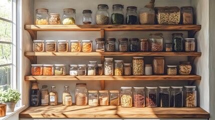 Organized kitchen shelves filled with various jars of food items.