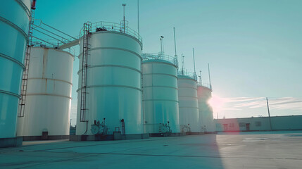 Obraz premium Row of large white industrial storage tanks under a clear sky, with sunlight shining through, highlighting energy and storage themes