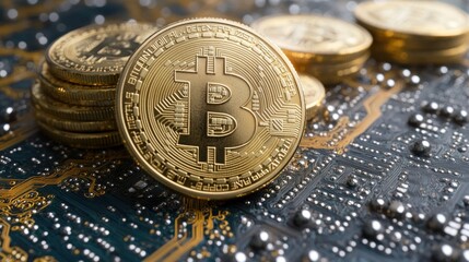 Bitcoin coins on a circuit board background symbolizing cryptocurrency.