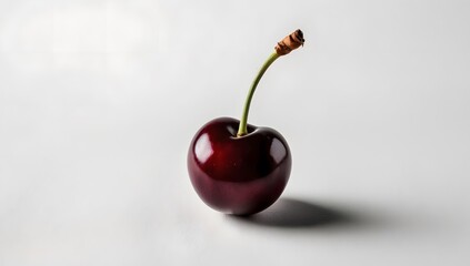 photo of one purple cherry on a white background, fresh and ripe cherry