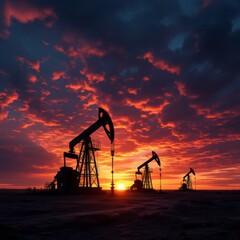 Oil Pumps And Rig At Sunset 