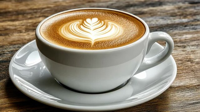 A cup of latte with a leaf design in the foam sits on a saucer on a wooden table