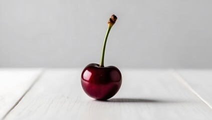 photo of one purple cherry on a white background, fresh and ripe cherry