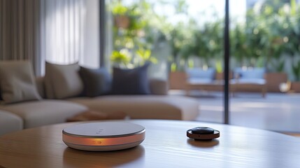 A smart home device on a living room table, showing voice command capabilities.