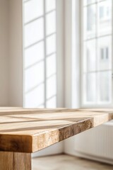 Empty, beautiful wooden tabletop counter in a clean and bright interior background, ready for the display of a product.