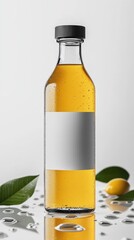 A sleek, unlabeled bottle sits on a shiny surface, covered in tiny water droplets