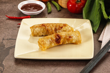 Vietnamese stuffed spring roll served sauce