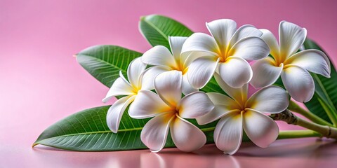 Obraz premium White flowers Plumeria with green leaves isolated on pink background