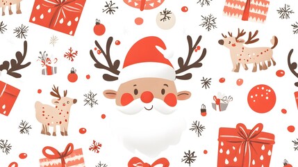 Cute cartoon reindeer Santa Claus and Christmas presents arranged in a fun holiday pattern