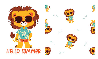 Collection of vector prints for printing on children's products. Cute lion in summer shirt and sunglasses on white background. Seamless vector pattern, lettering . Vector illustration