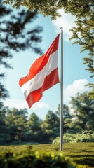 A bright flag flutters on a metal pole, surrounded by greenery on a sunny day