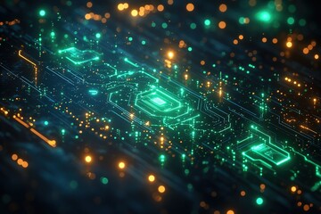 Fototapeta premium Abstract glowing circuit board with green and orange lights.