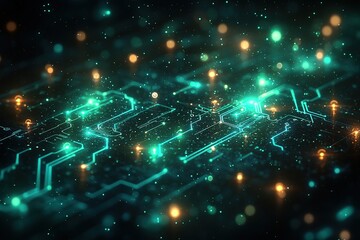 Obraz premium Abstract glowing circuit board with green and yellow lights.