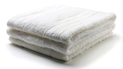 white fluffy towel, textured stripe detail, folded, neat, white background, aerial view