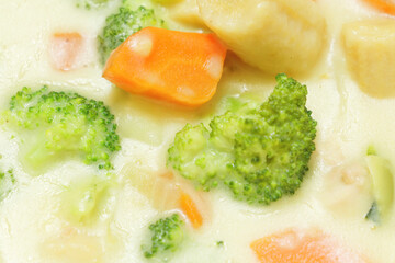 Delicious and warm cream stew prepared with lots of milk and vegetables as ingredients.