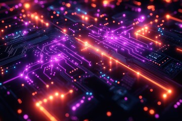 Obraz premium Abstract glowing circuit board with pink and orange lights. (1)