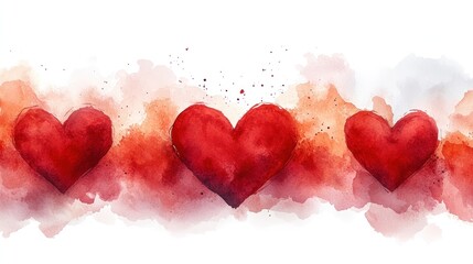 Fototapeta premium Watercolor Painting of Three Red Hearts on an Abstract Background