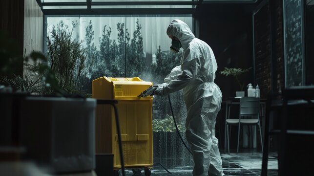 Office cleaning and disinfection to avoid COVID-19 In a city under quarantine, a man wearing a protective hazmat suit cleans office furniture to stop the coronavirus and pandemic from spreading.
