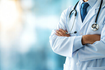 Confident doctor in transparent or white coat with stethoscope, arms crossed, professional setting.