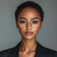 An eye-catching circular profile picture for social media featuring the face of a beautiful African American woman with short hair and glasses, wearing professional attire. The background should be wh
