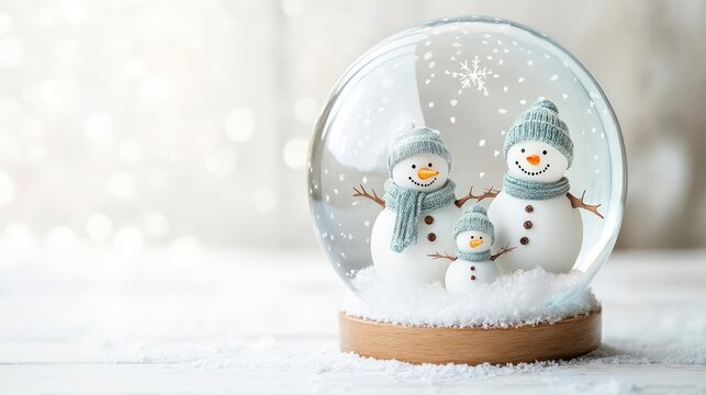 Snow globe with cheerful snowman family, falling snow on white background, watercolor style - Powered by Adobe