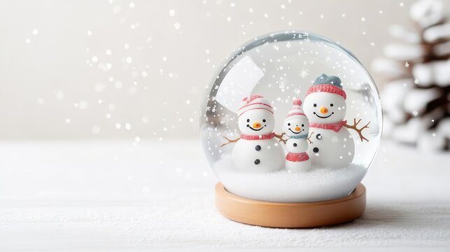 Snow globe with cheerful snowman family, falling snow on white background, watercolor style