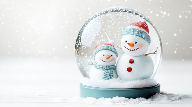 Snow globe with cheerful snowman family, falling snow on white background, watercolor style