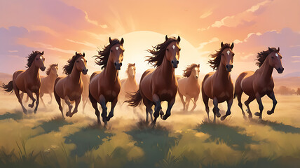 Illustration of a herd of wild horses running across an open meadow at sunset, capturing the energy and freedom of the moment