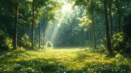 Obraz premium Lush forest with sunlight filtering through trees, creating a serene atmosphere.