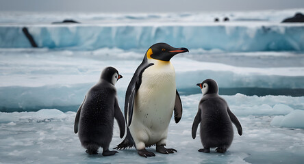 Obraz premium Illustration of a colony of penguins standing together on an icy shore, with a few chicks nestled close to their parents