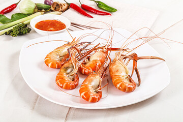 Boiled tiger prawn with sauce