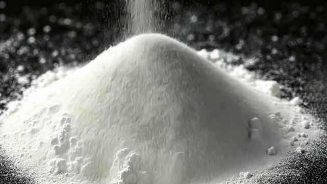 A white powder is being poured onto a pile, forming a small mound