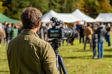 A man films an event, using a professional camera mounted on a tripod 