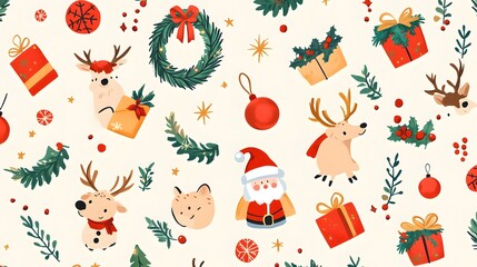 A Christmas pattern of adorable cartoon icons such as Santa Claus reindeer and holiday wreaths