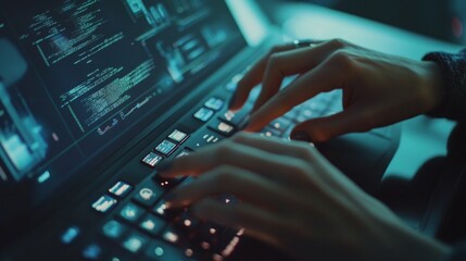 hands, people, and keyboard typing for data, information, and study using system technology. A woman, a screen, and an overlay with cybersecurity programming, code, or software updates
