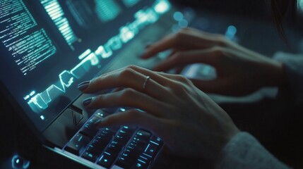 hands, people, and keyboard typing for data, information, and study using system technology. A woman, a screen, and an overlay with cybersecurity programming, code, or software updates
