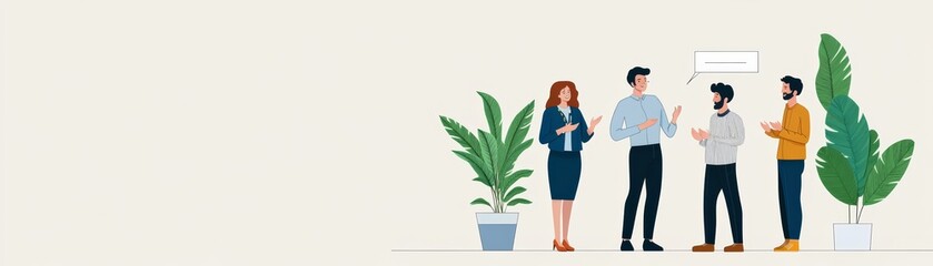 Obraz premium Community event with people talking, clear copy space in the background, flat design illustration