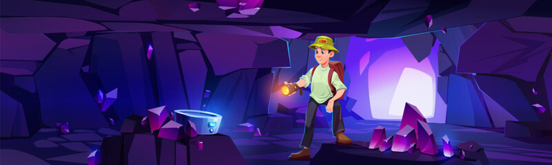 Male traveler exploring dark cave. Vector cartoon illustration of man standing in dark dungeon with flashlight in hand, mineral stones sparkling on rocky walls, hiking adventure, search for treasure