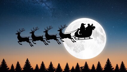 Santa is flying through the night sky under the Christmas forest. Santa sleigh driving over a line drawing woods near the big moon in the night.