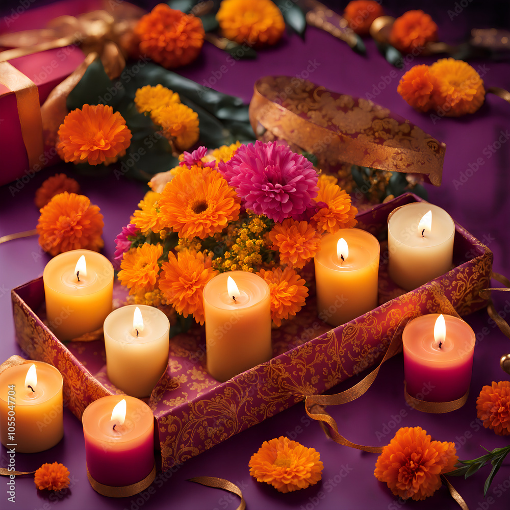 Canvas Prints Diwali Gift Box with Candles and Flowers