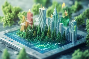 A portfolio visualization showing 3D elements of risk management and investment growth in different asset classes 