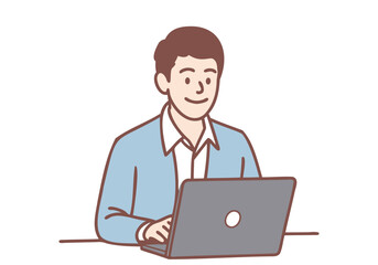 Young businessman happily using a laptop to work. Hand drawn style vector design illustrations.