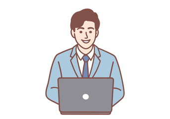 Young businessman happily using a laptop to work. Hand drawn style vector design illustrations.