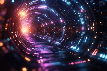 Obraz premium Abstract glowing tunnel with neon lights.