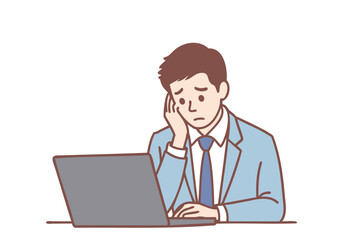 A young businessman is stressed out, standing in front of a desk with a laptop. Hand drawn style vector design illustrations.