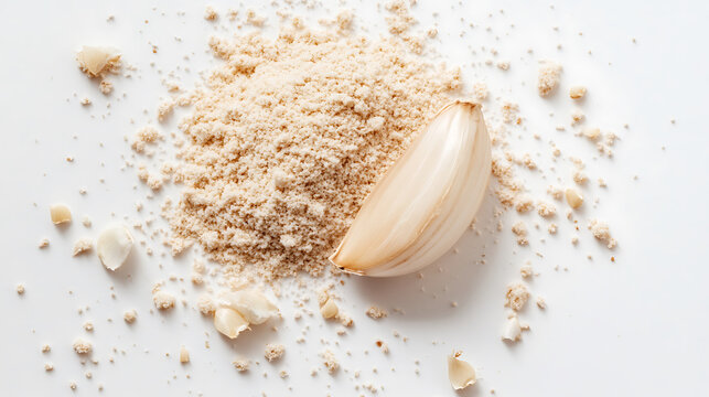 Close up of garlic clove with garlic powder scattered around, showcasing texture and flavor