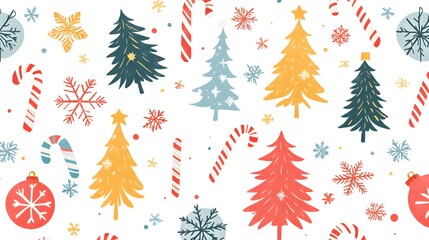 A cute cartoon Christmas icon pattern with snowflakes candy canes and festive trees in bright colors